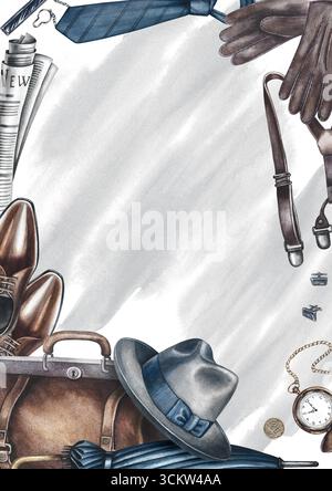 Cartolina per un uomo. Incorniciatura con borsa, cappello, ombrello, stivali e altri accessori vintage da uomo. Illustrazione ad acquerello disegnata a mano. Perfetto per Foto Stock