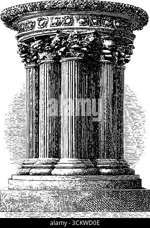 Design architettonico vintage a colonne con incisione incisa per un arredamento artistico. Illustrazione Vettoriale