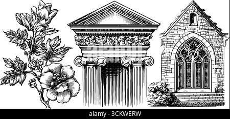 Architettura rinascimentale e barocca con elementi floreali per progetti di design artistico. Illustrazione Vettoriale