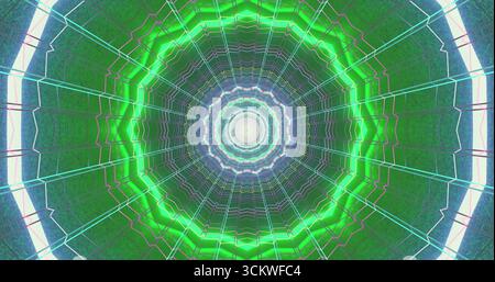 Il vivace tunnel a spirale presenta fantasie al neon brillanti in verde e blu, creando un effetto visivo ipnotico. Le linee distinte convergono verso Foto Stock