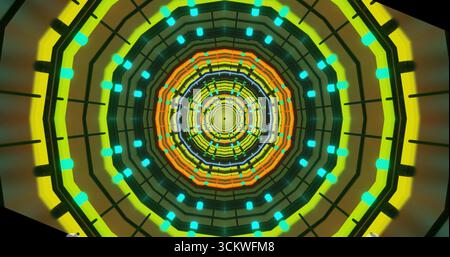 Un'accattivante visualizzazione di colori vorticosi crea uno splendido motivo circolare illuminato da luci brillanti. Il design presenta un caleidoscopio al neon Foto Stock