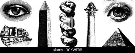 Simboli e strutture dell'antico egitto: Obelischi ed elementi di design degli occhi. Illustrazione Vettoriale
