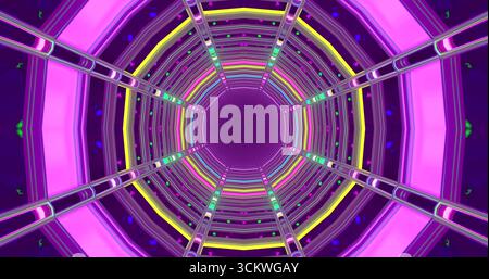 Un tunnel colorato pieno di vivaci luci al neon e motivi geometrici. I colori vorticosi creano un'atmosfera coinvolgente, invitando gli spettatori a vivere un'esperienza unica Foto Stock