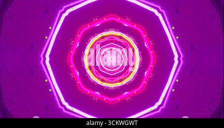 I cerchi concentrici colorati di luci al neon creano un effetto visivo ipnotico. Le sfumature rosa, giallo e viola si intrecciano, catturando l'attenzione Foto Stock