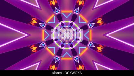 Luci al neon vorticose e forme geometriche creano uno schema ipnotico, che mostra vivaci sfumature di viola, arancione e blu in un complesso arrangiamento Foto Stock