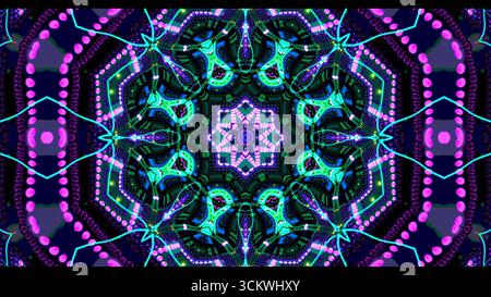 I colori brillanti si mescolano in un complesso motivo caleidoscopico. Forme complesse e sfumature al neon creano un effetto ipnotico, coinvolgendo gli spettatori Foto Stock