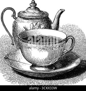 Set da tè vintage in stile incisivo per un design artistico. Illustrazione Vettoriale