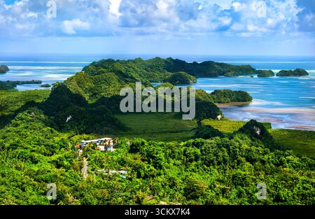 Splendida vista ad alto angolo del lussureggiante paesaggio di Airai, l'isola principale di Palau, e l'Oceano Pacifico circostante in una splendida giornata di sole. Micronesia, Oceania Foto Stock