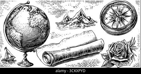 Incisione vintage di un globo con mappa nautica, bussola ed elementi naturali per un design retrò. Illustrazione Vettoriale