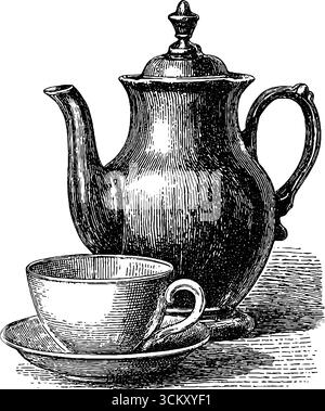 Set da tè vintage con incisione per un design e un arredamento retrò. Illustrazione Vettoriale