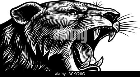 Testa di leone ruggente in stile xilografico bianco e nero per un design di stampa. Illustrazione Vettoriale