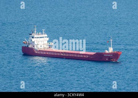 Reggedijk, nave da carico rossa in mare blu Foto Stock