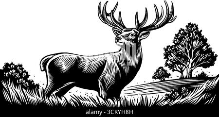 Incantevole cervo fantasma in natura con corpo vuoto e percorso stellare. Illustrazione Vettoriale