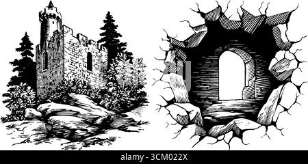 Mura del castello in rovina e arco rotto con schizzo di muschio per un design storico. Illustrazione Vettoriale