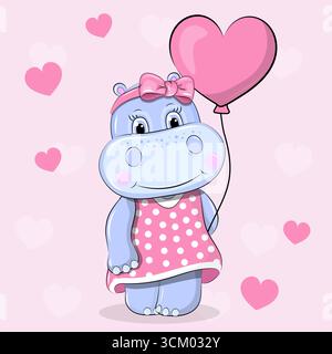 Carino cartone animato Hippo Girl con palloncino a forma di cuore. Illustrazione vettoriale di un animale su sfondo rosa con cuori e stelle. Illustrazione Vettoriale
