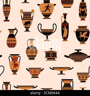 Vasi greci senza cuciture. Antiche anfore tradizionali, ornamenti decorativi, cultura antica, ceramiche museali. Tessuto, carta da imballaggio, carta da parati Illustrazione Vettoriale