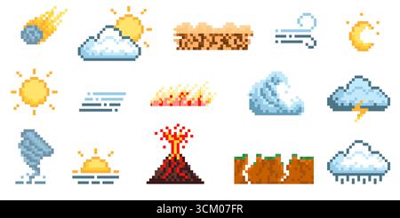 Icone cataclisma pixel e condizioni meteorologiche. elementi retrò a 8 bit, videogame vintage, app, risorse web, temporale, vento, incendi, siccità, sole Illustrazione Vettoriale