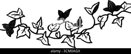 Schizzo decorativo del bordo della vite edera con foglie tortuose. Illustrazione Vettoriale