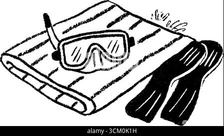 Maschera da boccaglio e pinne su asciugamano per preparare le vacanze al mare. Illustrazione Vettoriale