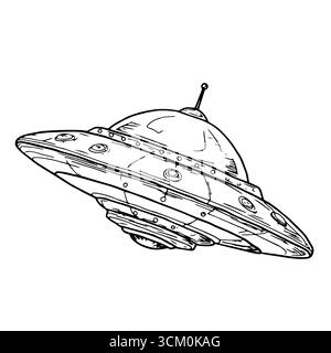 Un'astronave giocattolo con un'antenna, schizzo in inchiostro bianco e nero. Illustrazione vettoriale. Giocattolo volante per bambini, ufo, isolato su sfondo bianco. Per il post Illustrazione Vettoriale
