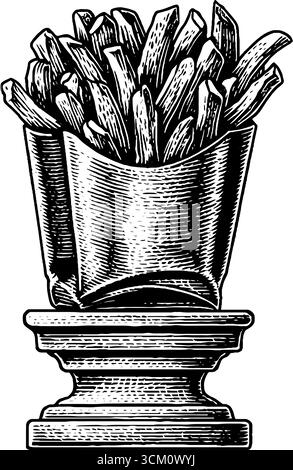 Incisione vintage di una statua con patatine traboccanti in stile disegnato a mano per un design retrò. Illustrazione Vettoriale