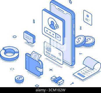 Illustrazione vettoriale isometrica dell'applicazione smartphone per il saldo del bilancio degli utenti dell'online banking. Spese di guadagno in valuta finanziaria banca Internet ma Illustrazione Vettoriale