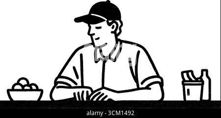 Il lavoratore del bar Juice affetta la frutta - schizzo disegnato a mano per il design del bancone per bevande. Illustrazione Vettoriale