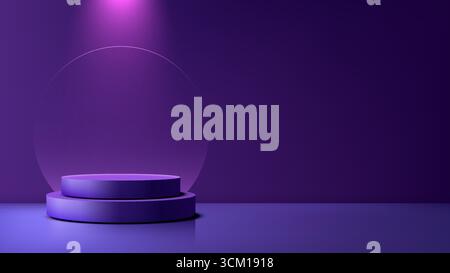 podio viola 3d sotto i riflettori con sfondo circolare, ideale per il branding di espositori di prodotti o per il design di mockup, per un senso di lusso e modernità Illustrazione Vettoriale