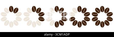 Design infografico del livello di tostatura del caffè con fasi di intensità scala del simbolo della polvere di caffè espresso chiaro medio scuro illustrazione vettoriale energia del barista Illustrazione Vettoriale