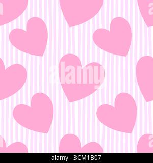 Hearts retro Seamless Pattern su sfondo a righe rosa. La texture dello sfondo natalizio per San Valentino, il design romantico del matrimonio. Carino sfondo infantile per asilo nido. Illustrazione Vettoriale