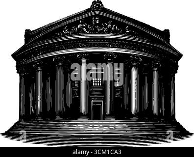 Incisione sulla facciata storica del teatro greco - design architettonico vintage per poster e cartoline. Illustrazione Vettoriale