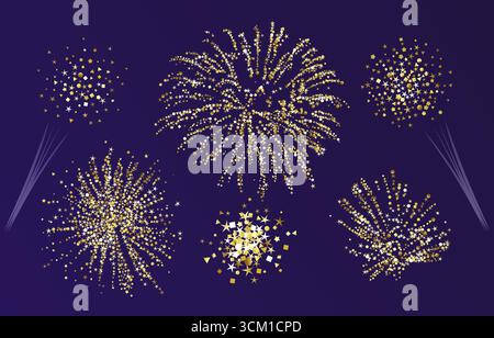 Set di fuochi d'artificio dorati. Raccolta di clip art con effetti 3D. Illustrazione Vettoriale