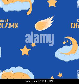Disegno vettoriale a mano senza cuciture. Sfondo carino con luna sorridente addormentata, stelle, nuvole. Cielo notturno, stampa baby nei colori blu scuro Illustrazione Vettoriale