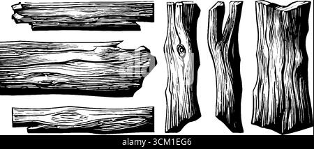Illustrazione vintage a taglio di legno di tavole e tavole con chiodi per un design rustico. Illustrazione Vettoriale