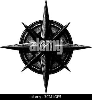 Incisione a bussola in ottone vintage - design retrò per mappe e temi di navigazione. Illustrazione Vettoriale