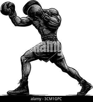 Illustrazione dinamica incisa del pugile che lancia un potente pugno in azione. Illustrazione Vettoriale