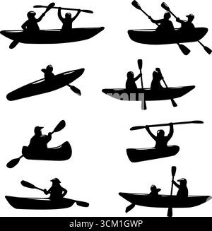 Persone che fanno rafting su kayak o canoa con pagaie in barca. Kayak: Sagome sportive di persone che usano un kayak per muoversi sull'acqua. Illustrazione Vettoriale
