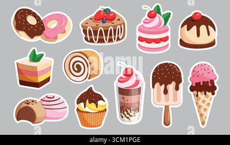 Set clipart adesivo torta di compleanno. Dolce dolce come torta, gelato, cupcake e adesivi stampabili con ciambelle collezioni di clip art dal design accattivante Illustrazione Vettoriale