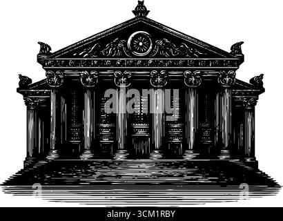 Incisione vintage della facciata del teatro greco - design architettonico retrò per poster e stampe. Illustrazione Vettoriale