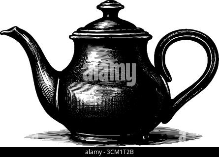 Illustrazione vintage incisa di teiera in ceramica con manico curvo per l'arredamento della cucina. Illustrazione Vettoriale