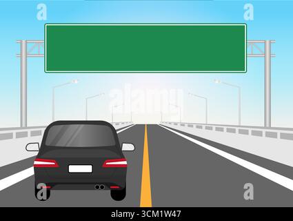 Auto che percorre l'autostrada o la strada asfaltata con il cartello stradale. Illustrazione vettoriale. Illustrazione Vettoriale