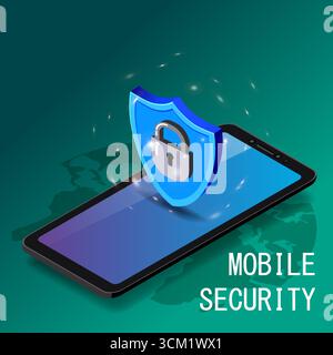 Sicurezza informatica globale dello smartphone Isometric Concept Illustrazione Vettoriale