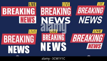 Una raccolta di etichette Modern Live Breaking News in rosso, bianco e giallo su sfondo scuro, perfette per trasmissioni TV, avvisi sui social media e d Illustrazione Vettoriale
