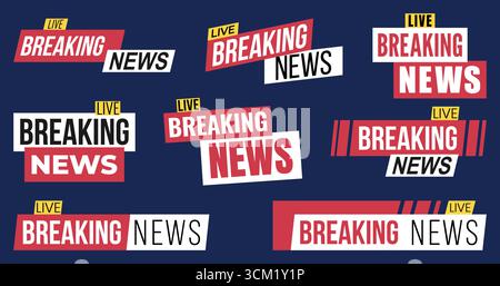 Avvisi di ultime notizie in stile piatto con tag live e design ad alto contrasto, adatti per contenuti video, notizie sui social media e reporting in tempo reale. Perfetto Illustrazione Vettoriale