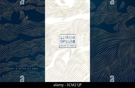 Elegante motivo vettoriale di ispirazione asiatica con onde d'oro, nuvole e forme geometriche che fondono lo stile tradizionale giapponese e cinese. Perfetto Illustrazione Vettoriale