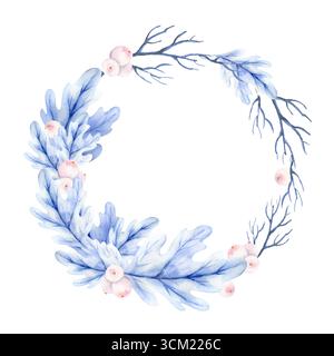 foglie di quercia blu acquerello, rami, ramoscelli secchi, bacche rosa, corona rotonda invernale, disegno disegnato a mano delle stagioni della foresta decorate, festa di Natale Foto Stock