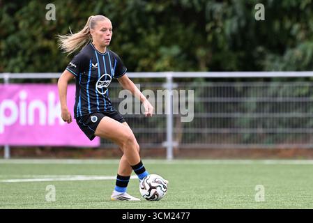 Aalter, Belgio. 13 settembre 2025. Amy Littel (4) di Brugge nella foto durante una partita di calcio femminile tra Club Brugge Dames YLA e SV Zulte Waregem nella seconda partita della stagione 2025-2026 della belga lotto Womens Super League, sabato 13 settembre 2025 ad Aalter, IN BELGIO. Crediti: Sportpix/Alamy Live News Foto Stock