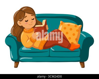Ragazza che legge un libro su un divano color tè con cuscino. Illustrazione isolata del vettore cartoni animati su sfondo bianco. Illustrazione Vettoriale