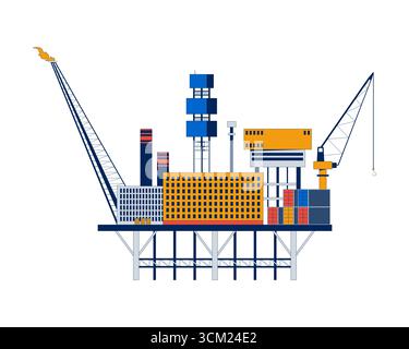 Piattaforma per piattaforme petrolifere offshore con attrezzatura oggetto cartoon 2D. Illustrazione Vettoriale