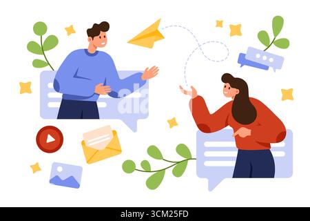 Due persone scambiano messaggi con bolle di chat, piano cartaceo, e-mail e icone multimediali che rappresentano la comunicazione digitale, il lavoro di squadra e l'illustrazione vettoriale di conversazione online Illustrazione Vettoriale
